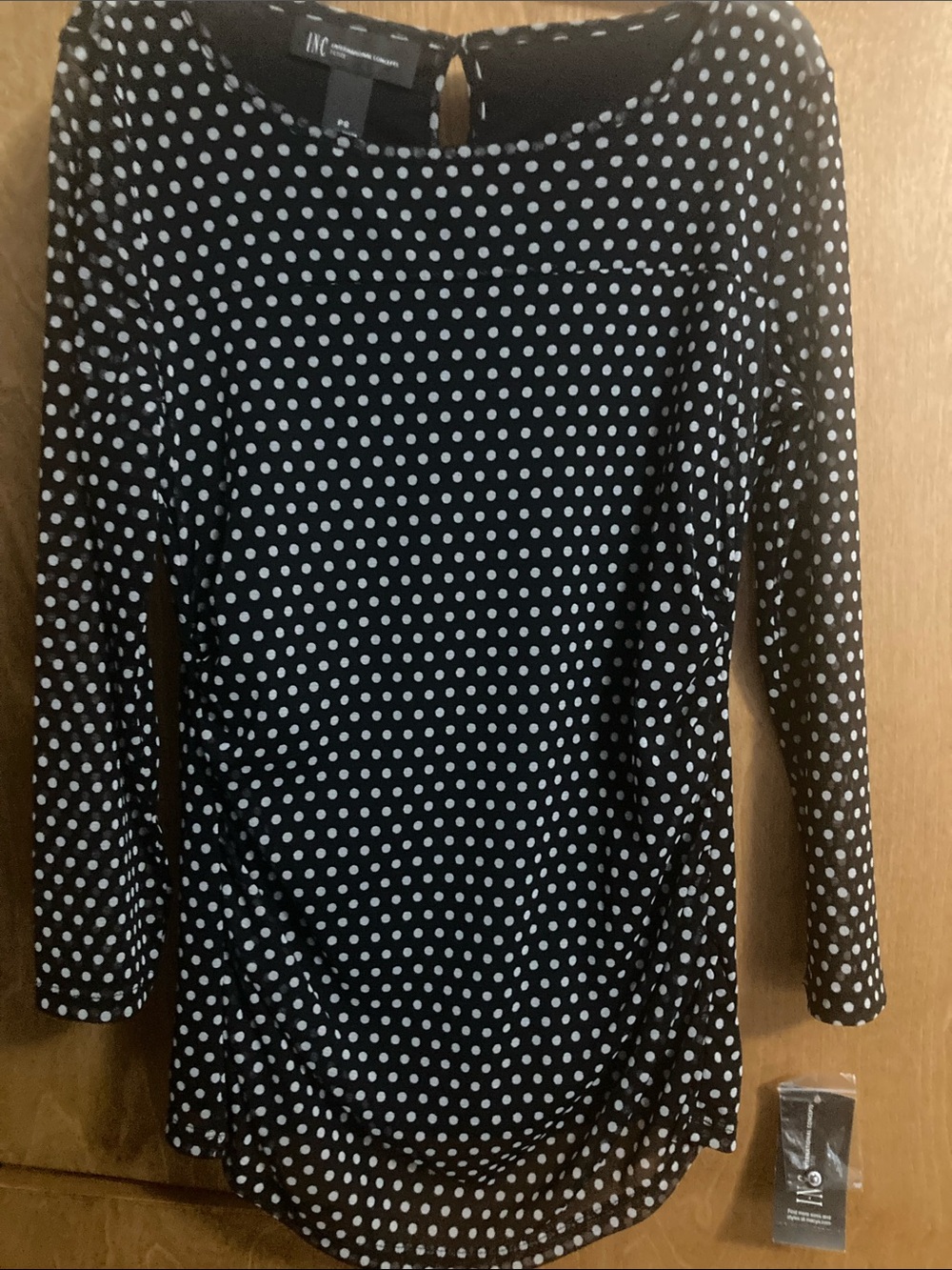 NWT INC Black Top with White Polka Dots - Sheer Long Sleeves Size PS